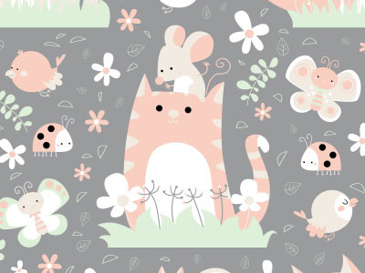 Meadows Friends Pattern animals butterfly cat children cute garden kid ladybird pattern design pet repeat pattern spoonflower