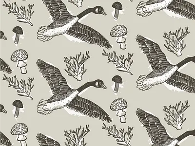 Canadian Goose bird branch canadian goose hand drawn illustration illustrator mushroom pattern repeating twig