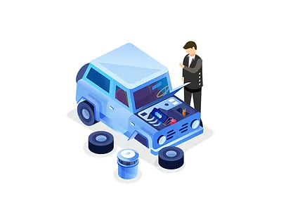 Assembling Car 3d assemble blue car human illustartion isometric product ui website wheel
