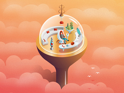 The Future is Retro building future iso isometric retro sky sunset