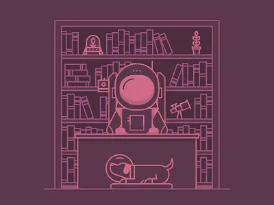 Space library astronaut books character desk dog illustration library line office plant shelf space