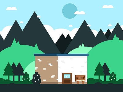 PokeCenter building bush flat hospital illustration monsters mountains poke center pokemon scene trees