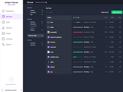 DC/OS Services containers data center developer devops docker enterprise interface navigation operating system status table ui