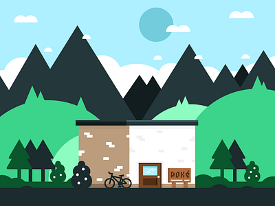 PokéCenter w/Bike bike building hills illustration mountains poke center pokemon scene trees
