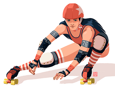 Red roller girl art badass beautiful drawing girl helmet illustration long hair roller derby roller skates skater woman