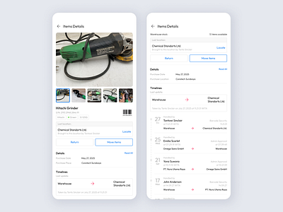 Item Details - Warehouse Management App barcode details gallery history inventory items details management mobile move moving timeline tools transfer ui ux warehouse