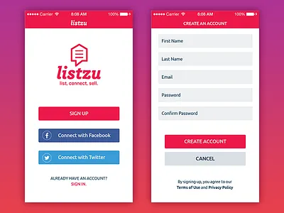 Listzu sign up screens account app app login app screens app sign up home icon iphone iphone app real estate screen signup