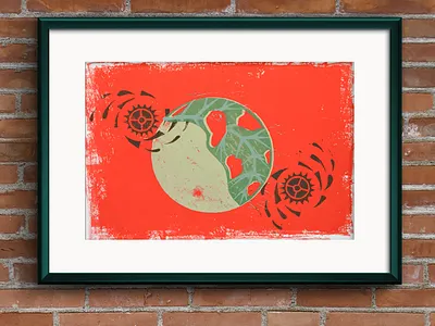 What Goes Around circle cog illustration life cycle lino print metamorphosis nature