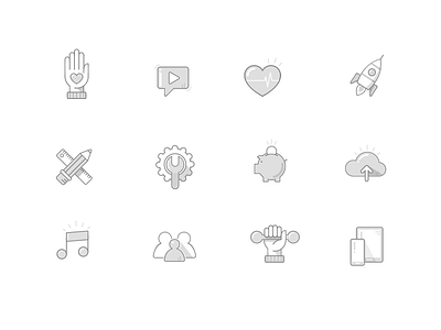 Icons bubble gear hand heart icons music pencil phone pig