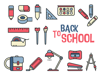 School time! backpack crayons marker office pen pencil rubber school stationery