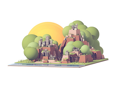 Mountain Town 3d c4d cinema 4d city lake model mountains render sun town trees