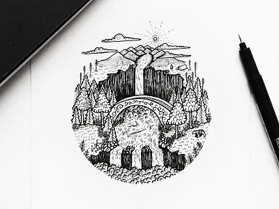 Little Scenery art drawing hand drawn illustration landscape mountain river scenery sketch sun tree waterfall