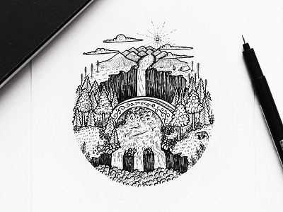 Little Scenery art drawing hand drawn illustration landscape mountain river scenery sketch sun tree waterfall