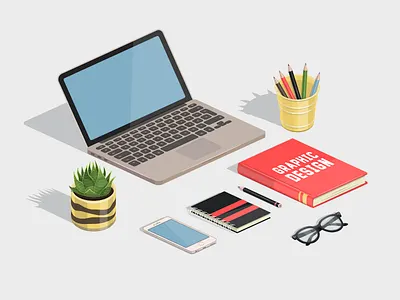 Designer Workspace artist graphic iphone laptop macbook notepad office pencils plant table