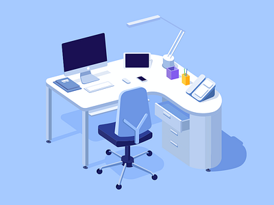 “Designer desktop” blue clean desktop flat illustration lowpoly mac