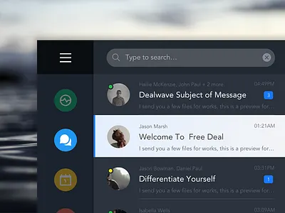Desktop App Messages List chat client dark dark ui email icons online search sidebar ui
