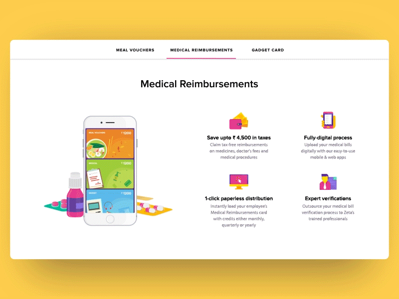 Zeta Website - Medical Reimbursements after effects animation cards gif heart beat medical medicines phone reimbursements ui ux website