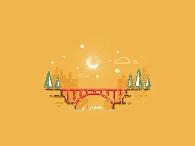 Bridge outline illustration (textured version) 2d bridge experiment flat icon illustation illustration landscape moon outline sky stars texture vector vintage