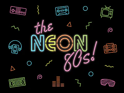 The Neon 80s 80s boombox cassette icons logo monoline neon nes vhs walkman wordmark