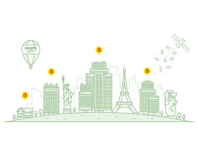 Home Page Line Illustration balloon bricks building city eiffel house liberty statue merlion satellite shopify