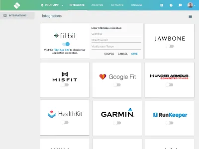 Manage Integrations analytics angular console dashboard data fitness human data material design startup strap wearables