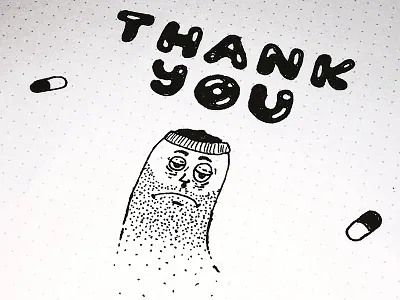 "Thank You" black and white character drawing icon illustration pills sketch