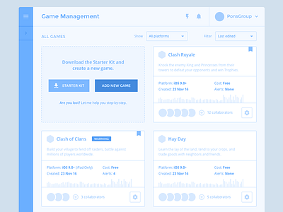 Game Management · Cards analytics console dashboard data developer games insight interface startup user testing ux wireframe