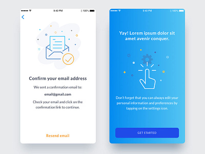 Confirmation screens app blue confirmation illustration ios minimal onboarding screen splashscreen startup toronto vector