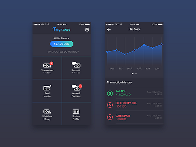 Paynance App Preview blue dark modern ui