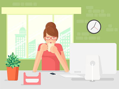 Working woman drinking coffee flat woman illustration freelancer nking coffee vector woman illustration woman with coffee work at home working woman