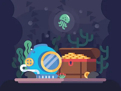 Under the Sea chest coins deep dive jellyfish money sea seaweeds stones treasure under water