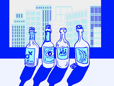 Wine And The City. beverage blue city drawing illustration illustrator vector wine