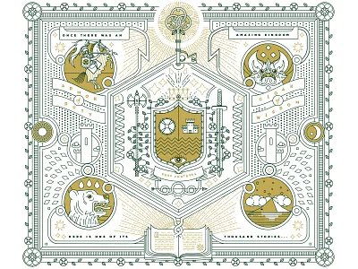 Children's Book Opener bat bear book castle fairytale fantasy key knight lines magic shield vector
