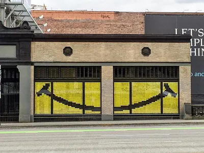 Sticky note smile art building minimal mural omfgco post it notes smile smiley face