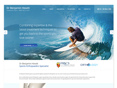 A Web Design for a Sports Orthopaedics Specialist blue health minimal sports orthopaedics web design