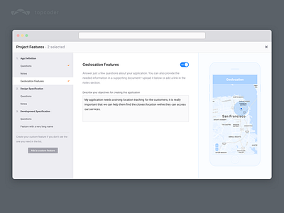 Topcoder Connect — Feature Picker sketch ui web app