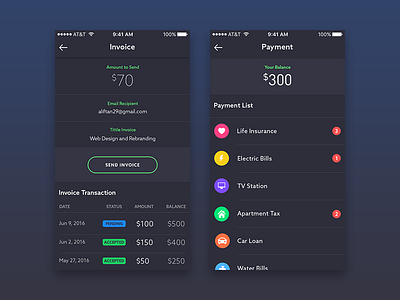 Invoice & Payment of Paynance App dark green modern ui ux