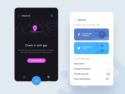 Settings + Check in (Social Gathering) check in facebook gathering notification password profile push setting settings social twitter ui