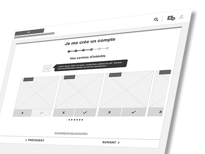 Registration tunnel black and white choix multiple crm desktop inscription plateforme step by step tinder like tunnel ux wireframe mid def