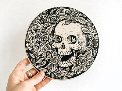 Circle circle drawing floral illustration plaque rose sign skull wood