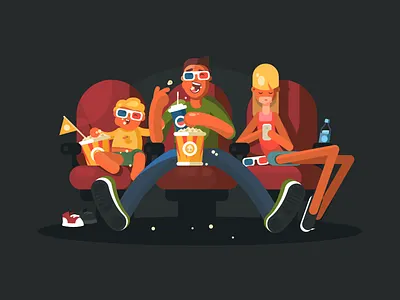 Family in cinema boy character cinema family flat girl illustration kit8 man movie vector