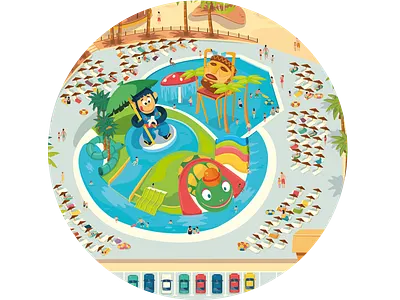 Waterpark Aqualand Maspalomas Map - detail flat illustration kids monkey palmtrees slide swim swimming pool turtle vector water waterpark
