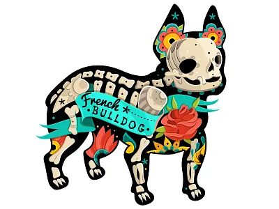 French Bulldog animals bulldog dog floral flowers french skeleton skull spooky tattoo vector