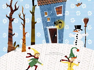 Four Seasons: Winter bunny childrens house illustration kidlitart. snowman snow trees