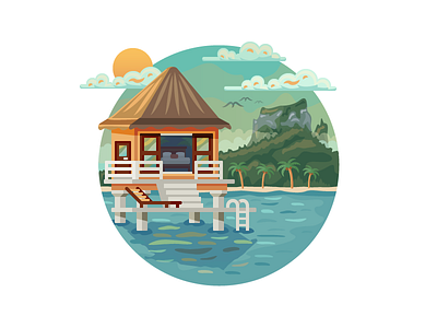 Tahitian Paradise badge bungalow clouds flat illustration island mountains ocean overwater surf tahiti tropical