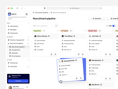 Pipl - Recruitment Pipeline Dashboard candidate clean company contract management dashboard design hire hiring hr hr dashboard hrd job kanban management minimalist pipeline recruitment ui ux website