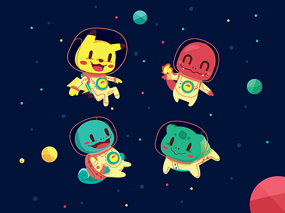 Poke Space astronaut bulbasaur character charmander illustration pikachu pokemon space squirtle vector