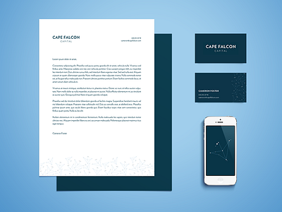 Cape Falcon Capital stationery branding business card constellation design identity design letterhead logo mockup stationery typography