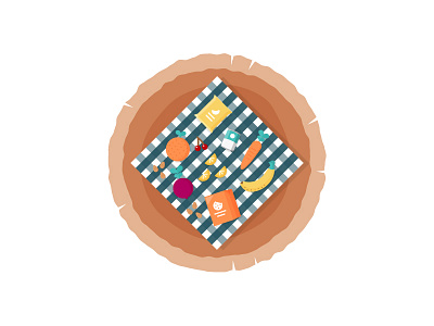 Picnic on a tree stump almonds flat design food fruits icons illustrations picnic tree stump veggies