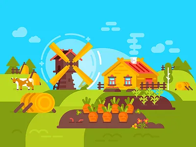 Village 2d cloud cow cute flat illustration mill shape summer vector vegetables village